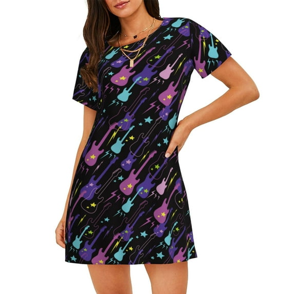 Naloa Colorful Guitar Print Women Nightgowns,Womens Loungewear,Short Sleeve Sleepwear,Comfy Ladies Nightdress