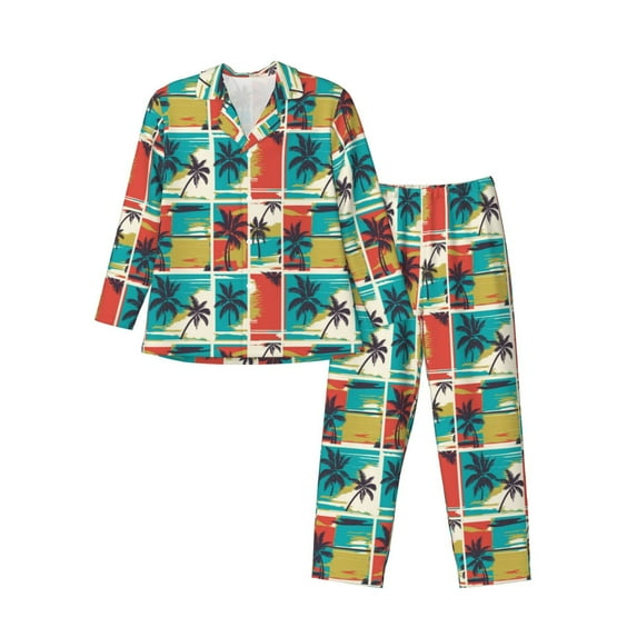 Naloa Colorful Hawaii Palms Men’s Pajamas Set - Long Sleeve Button Down Sleep Shirt and Pajama Bottoms Sleepwear Set-Large