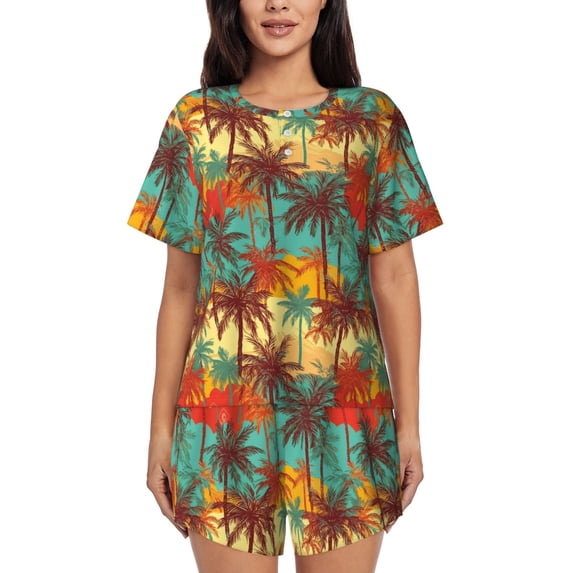 Naloa Colorful Hawaii Palms Women's Short-Sleeved Pajama Set, Loungewear, Summer pajamas, Breathable Cozy - 3X-Large