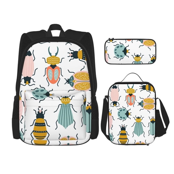 Naloa Colorful Insects Print Large Capacity Backpack Lunch Bag Pencil Case Combination 3 Piece Set for Student