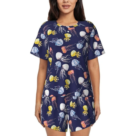 Naloa Colorful Jellyfish Women's Short-Sleeved Pajama Set, Loungewear, Summer pajamas, Breathable Cozy - 3X-Large