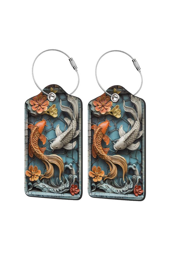 Colorful Koi Fish Art Luggage Tag for Suitcase Leather Baggage Tag with Stainless Steel Loop Privacy Cover for Women Men Girls-2 PCS