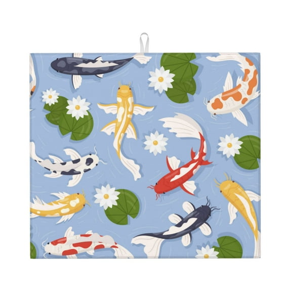 Naloa Colorful Koi Fish Dish Drying Mat for Kitchen Counter, Heat Resistant Drainer Mats, Absorbent Draining Mat,Dish Rack Pad,16"x18"