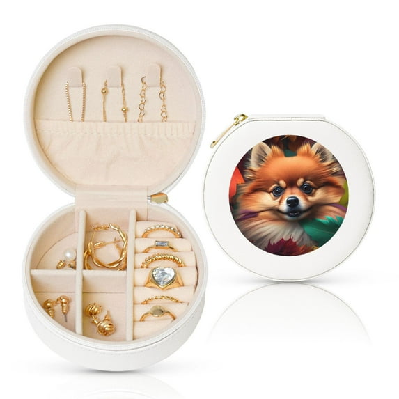 Naloa Colorful Leaf Chihuahua Round Jewelry Box, Travel Jewelry Organizer, 3.9 x 3.9 x 2in Jewelry Storage Box for Women-White