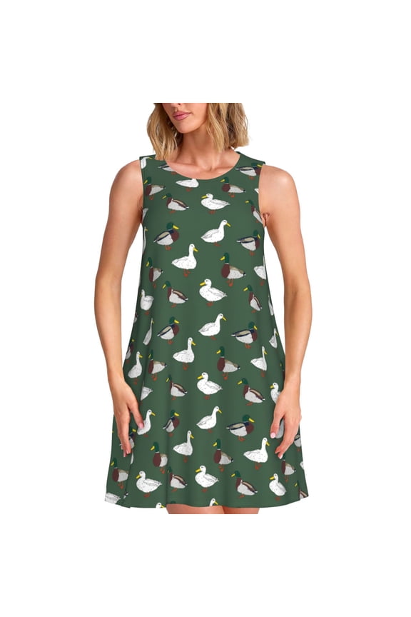 Colorful Mallard Duck Print Women's Summer Spring Casual Beach Sundress,Vacation Sleeveless Tank Crewneck Loose Dresses