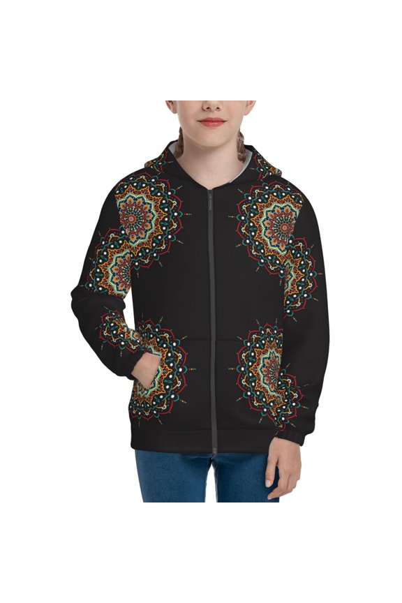 Colorful Mandala Teenage Zipper Hoodie, Long Sleeve Zip Up Hoodies Casual Jackets Tops for 7-12 Years-Small