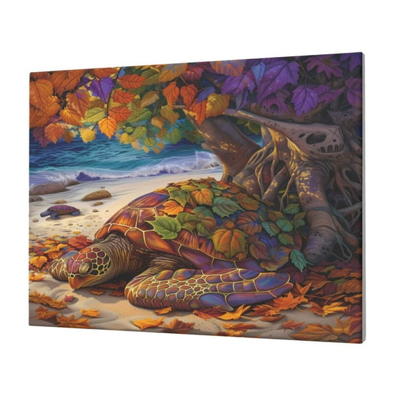 Naloa Colorful Maple Leaf Beach Turtle Print Canvas Picture,Wall Pictures, Modern Decorative Poster,Art Prints for Bedroom, Toilet, 40 x 30 cm, Built-in Wooden Frame