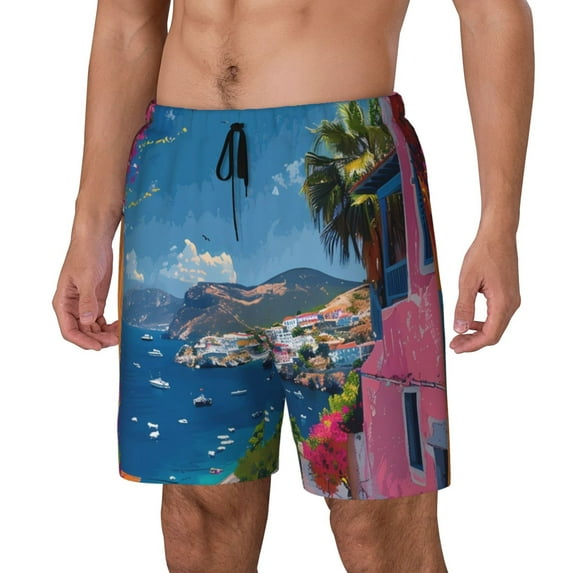Naloa Colorful Mediterranean Village Print Men Swim Trunks with Compression Liner ,Board Shorts,Men's Swim Shorts with Drawstring and Elastic Waistband-XX-Large