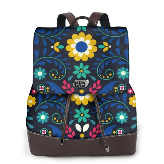 Naloa Colorful Mexican Flower Print Leather Backpack Purse for Women and Ladies,Shoulder Travel Daypacks Bags,Laptop Backpack for Women
