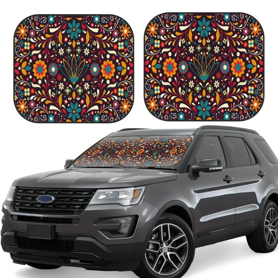 Naloa Colorful Mexican2 2 Piece Foldable Car Sun Shades, Car Windshield Sunshade, Front Window Sunshade for Car, Truck, SUV - Large