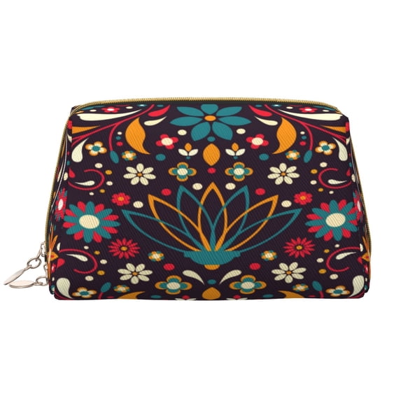 Naloa Colorful Mexican2 Leather Makeup Bag for Purse Travel, Portable Small Cosmetic Organizer for Women and Girls, Make up Bag with Zipper