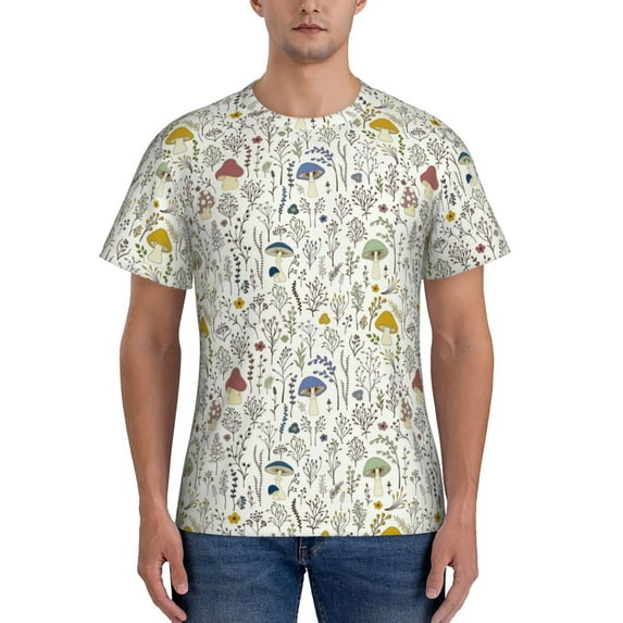 Naloa Colorful Mushrooms and Plants Men's T-Shirt Sport T-shirt Men's Basic Tee Casual Men's Shirt, Round Neck, Short Sleeves - XX-Large
