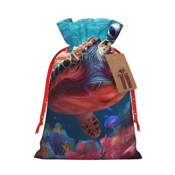 Naloa Colorful Ocean Sea Turtle Drawstring Christmas Bags, 3D Xmas Gift Bags, Christmas Wrapping Bags, Xmas Goodie Bags, Treat Pouch Bags, Party Favor Bags-Medium