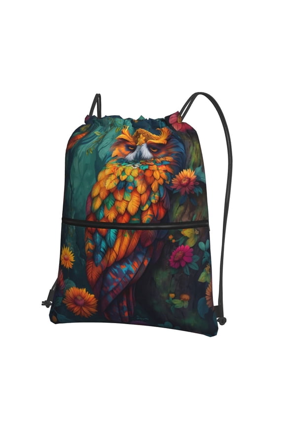 Colorful Owl Forest Drawstring Backpack String Bag Cinch Water Resistant for Gym Shopping Sport Yoga