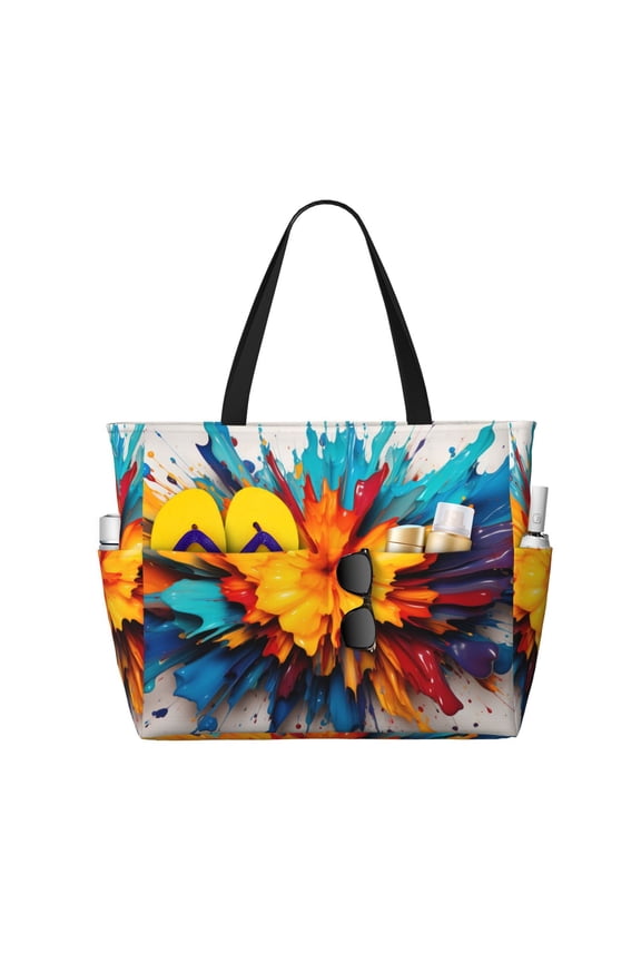 Colorful Paint Print Large Capacity Beach Bag, Waterproof Sandproof Beach Swim Pool Bag Tote Bag for Women