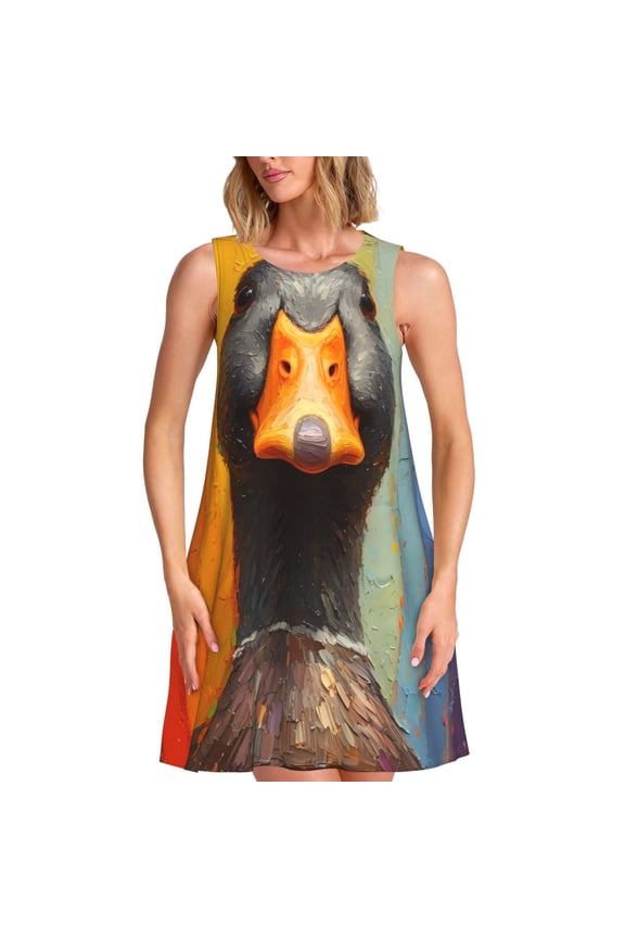 Colorful Painted Duck Print Women's Summer Spring Casual Beach Sundress,Vacation Sleeveless Tank Crewneck Loose Dresses