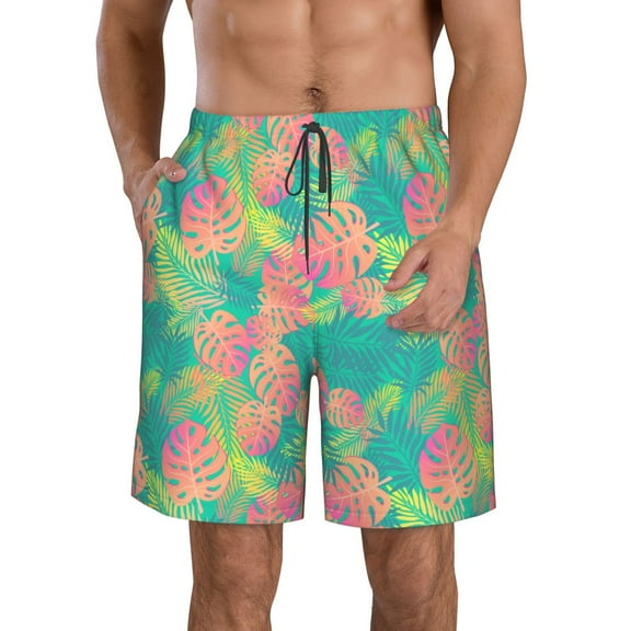 Naloa Colorful Palm Leaves Men's Beach Shorts, Surfing shorts, Swim trunks, Quick Dry Swim Trunks for Surfing Beach Fun - Large