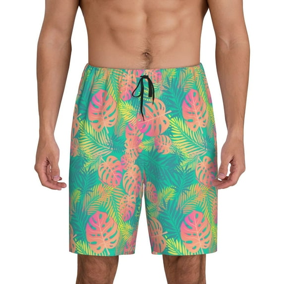Naloa Colorful Palm Leaves Men's Short Pajama Pants, Lounge Comfort Shorts with Elasticized Waistband and Side Pockets - 3X-Large