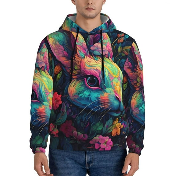 Naloa Colorful Patterned Rabbit Men's Casual Hooded Collar Drawstring Hoodies Pullover Sweatshirts Casual Long Sleeve Shirts-X-Large