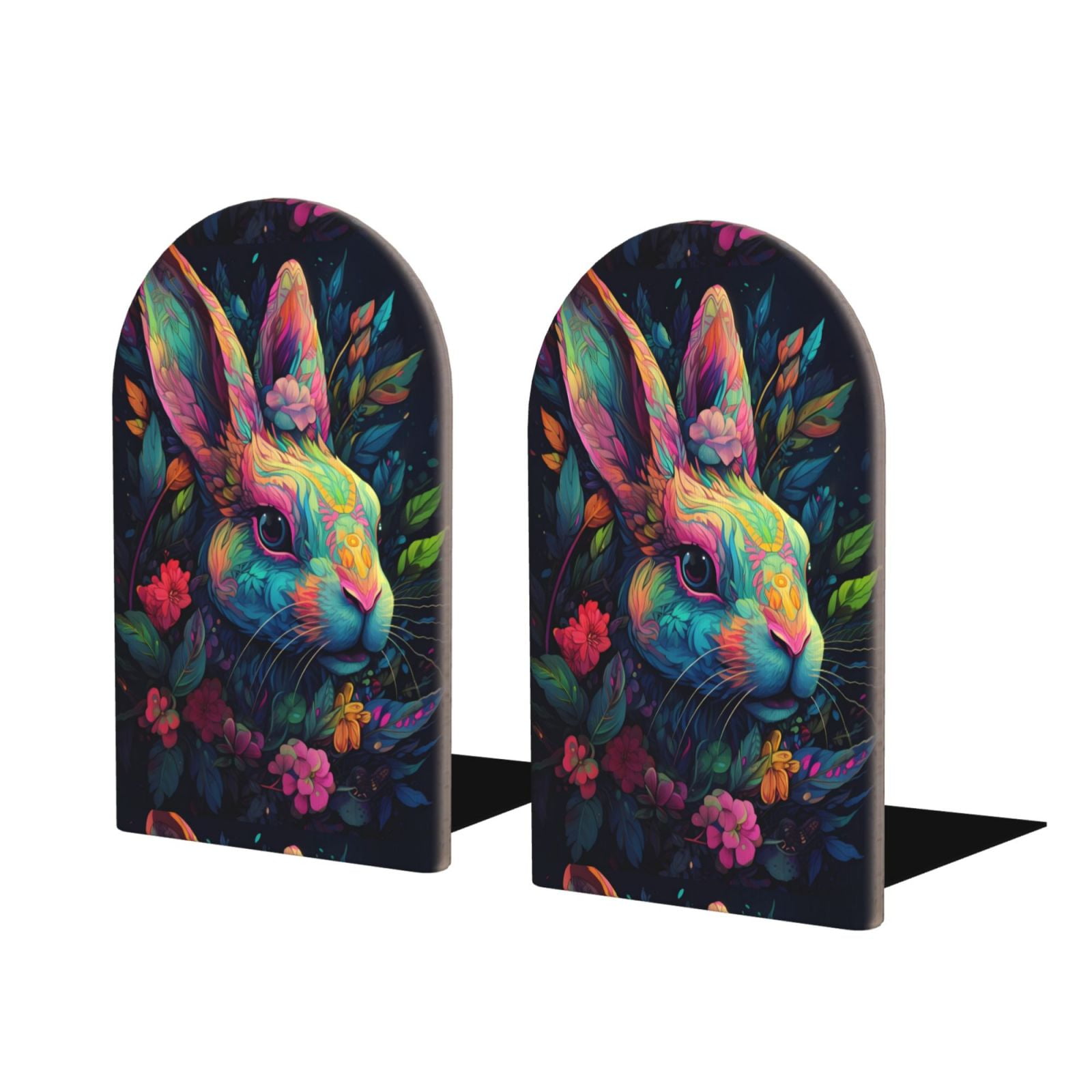 Naloa Colorful Patterned Rabbit Wood Non-Skid Bookend for Shelves,Book ...