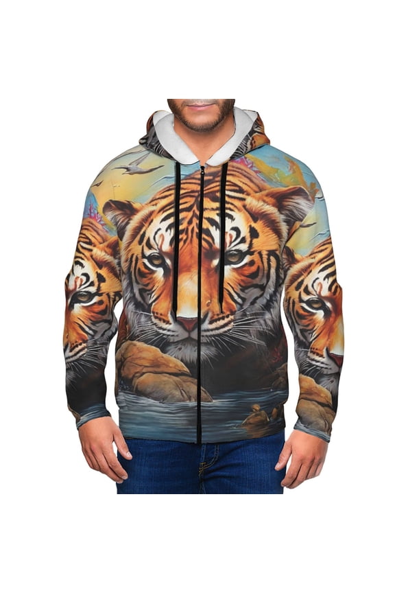 Colorful Plant Tiger Men’s Hoodies, Zip up Hoodie, Sweatshirts,Hoodies for Men Sizes S-3XL-3X-Large