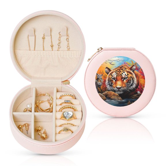 Naloa Colorful Plant Tiger Round Jewelry Box, Travel Jewelry Organizer, 3.9 x 3.9 x 2in Jewelry Storage Box for Women-Pink