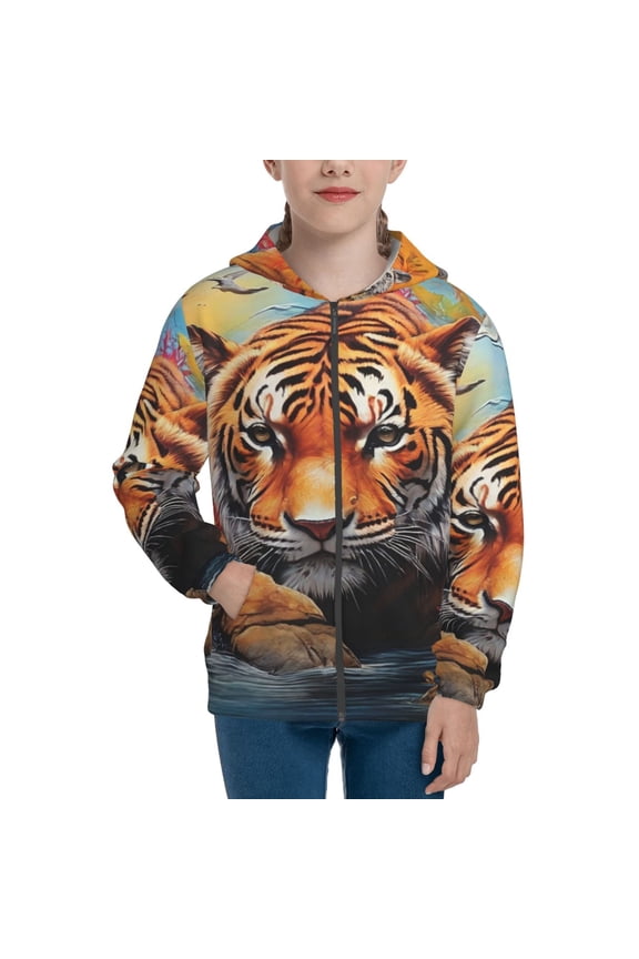 Colorful Plant Tiger Teenage Zipper Hoodie, Long Sleeve Zip Up Hoodies Casual Jackets Tops for 7-12 Years-Small