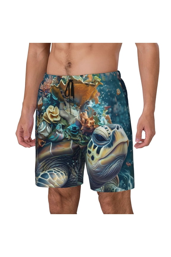 Colorful Plant Turtle Print Men Swim Trunks with Compression Liner ,Board Shorts,Men's Swim Shorts with Drawstring and Elastic Waistband-Large