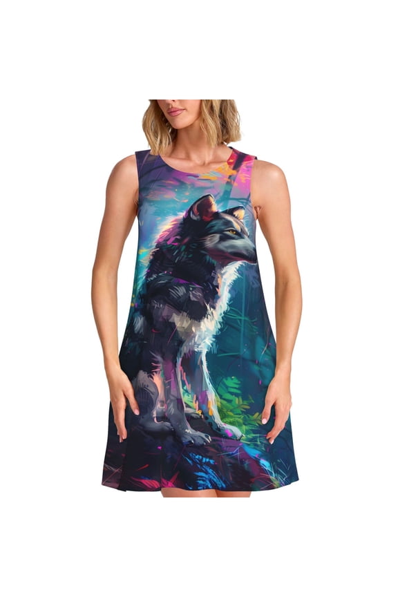 Colorful Plant Wolf Print Women's Summer Spring Casual Beach Sundress,Vacation Sleeveless Tank Crewneck Loose Dresses