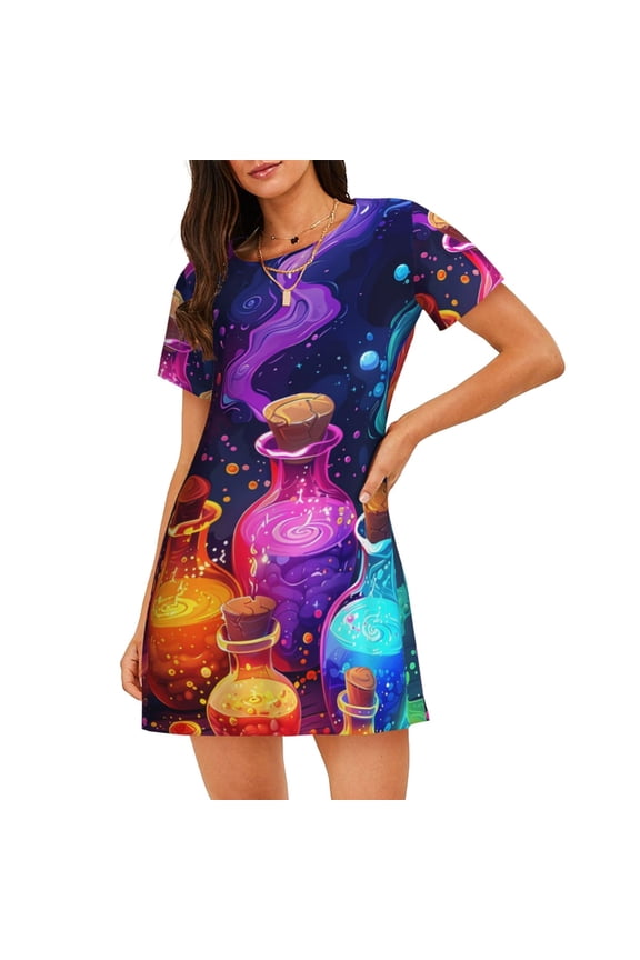 Colorful Potion Bottles Magic Print Women Nightgowns,Womens Loungewear,Short Sleeve Sleepwear,Comfy Ladies Nightdress