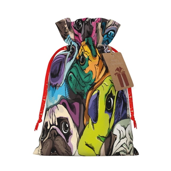 Naloa Colorful Pug Drawstring Christmas Bags, 3D Xmas Gift Bags, Christmas Wrapping Bags, Xmas Goodie Bags, Treat Pouch Bags, Party Favor Bags-Medium