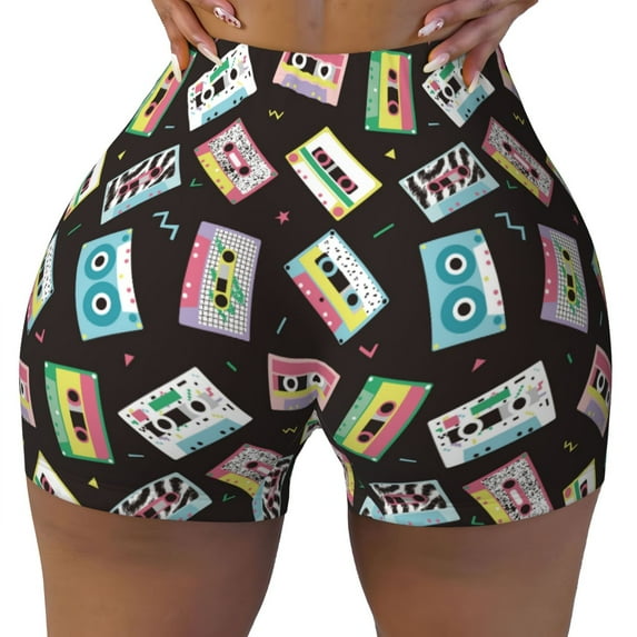 Naloa Colorful Retro Tape Biker Shorts for Women Seamless Scrunch Short Women’s Yoga Shorts for Gym Running Sport Shorts - Large