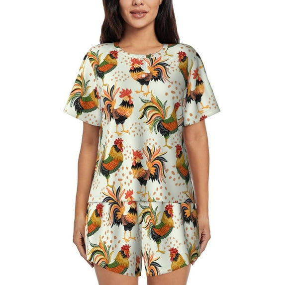 Naloa Colorful Roosters Women's Short-Sleeved Pajama Set, Loungewear, Summer pajamas, Breathable Cozy - XX-Large