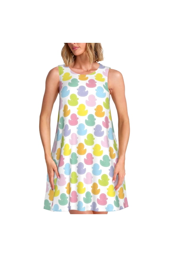 Colorful Rubber Duck Print Women's Summer Spring Casual Beach Sundress,Vacation Sleeveless Tank Crewneck Loose Dresses