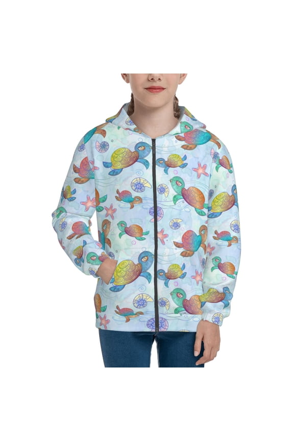 Colorful Sea Turtle Teenage Zipper Hoodie, Long Sleeve Zip Up Hoodies Casual Jackets Tops for 7-12 Years-Small