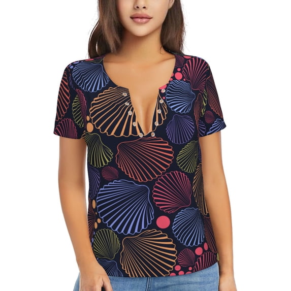 Naloa Colorful Shells Print T-Shirts Short Sleeve V Neck Tees for Women Fashion Tops Trendy Lightweight Soft Casual Summer Outfits Clothes