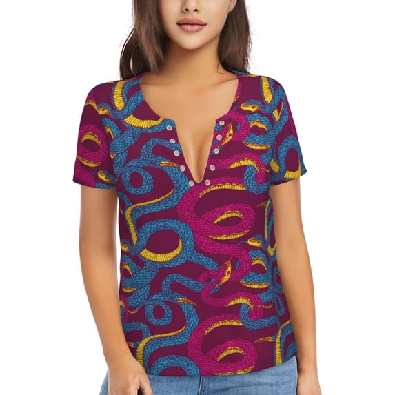 Naloa Colorful Snake Print T-Shirts Short Sleeve V Neck Tees for Women Fashion Tops Trendy Lightweight Soft Casual Summer Outfits Clothes