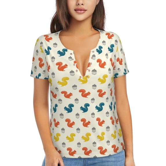 Naloa Colorful Squirrel Print T-Shirts Short Sleeve V Neck Tees for Women Fashion Tops Trendy Lightweight Soft Casual Summer Outfits Clothes