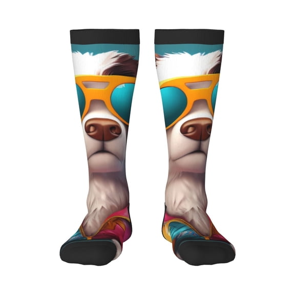 Naloa Colorful Sunglasses Dog Knee Socks, High Socks Long Stretchy Sock Women Knee High Stocking, Long Socks for Women