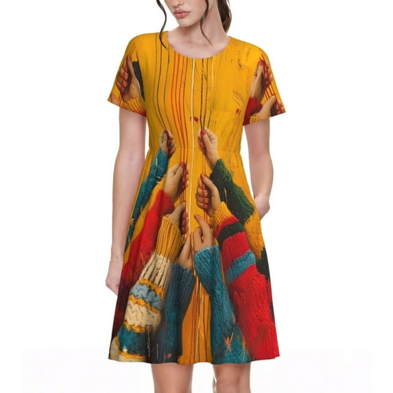 Naloa Colorful Sweaters And Strings Print Womens Summer A-Line Dress with Pockets,Short Sleeve Dresses,Flowy Beach Swing Dress for Vacation Travel