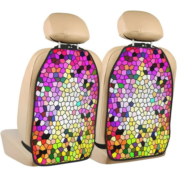 Naloa Colorful Tie Dye Stained Glass 3 2Pcs Anti-Kick Back Seat Cover Kick Mat, Car Seat Protector with 3 Storage Pockets