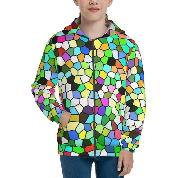 Naloa Colorful Tie Dye Stained Glass Teenage Zipper Hoodie, Long Sleeve Zip Up Hoodies Casual Jackets Tops for 7-12 Years-Medium