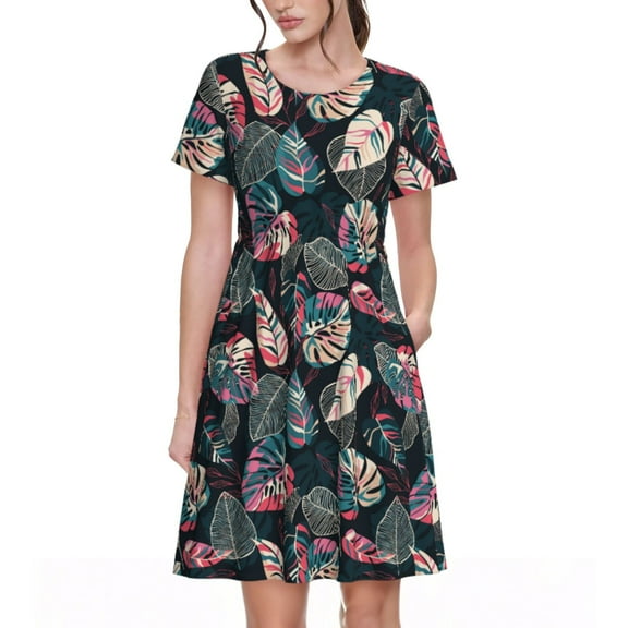 Naloa Colorful Tropical Leaves Print Womens Summer A-Line Dress with Pockets,Short Sleeve Dresses,Flowy Beach Swing Dress for Vacation Travel