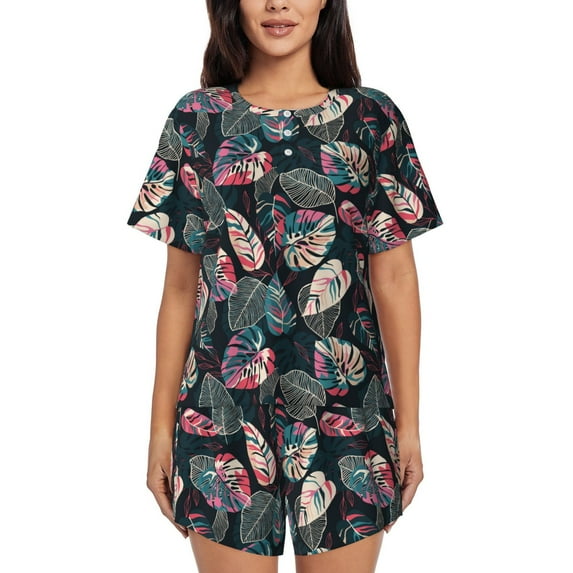 Naloa Colorful Tropical Leaves Women's Short-Sleeved Pajama Set, Loungewear, Summer pajamas, Breathable Cozy - Medium