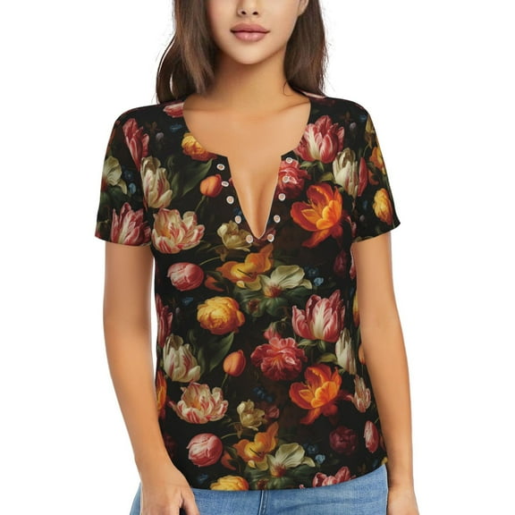 Naloa Colorful Tulips Print T-Shirts Short Sleeve V Neck Tees for Women Fashion Tops Trendy Lightweight Soft Casual Summer Outfits Clothes