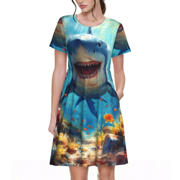 Naloa Colorful Underwater Shark Print Womens Summer A-Line Dress with Pockets,Short Sleeve Dresses,Flowy Beach Swing Dress for Vacation Travel