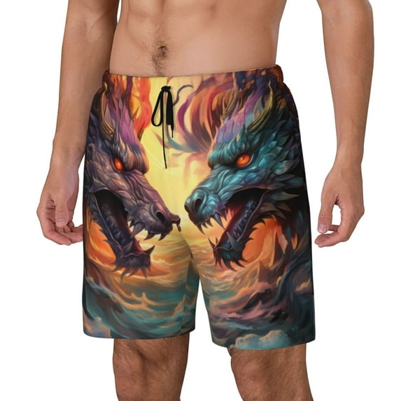 Naloa Colorful Wave Dragon Head Print Men Swim Trunks with Compression Liner ,Board Shorts,Men's Swim Shorts with Drawstring and Elastic Waistband-X-Large