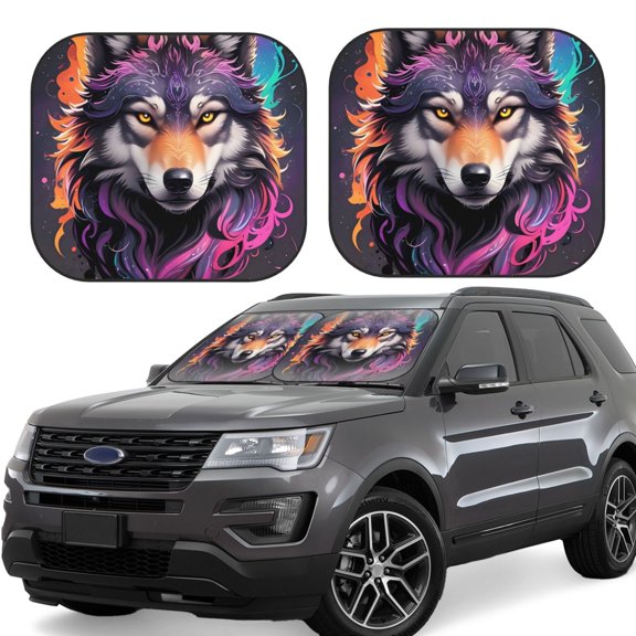 Naloa Colorful Wolf Head A Print 2-Piece Windshield Sunshade,Foldable Car Front Window Sun Shades,for Most Sedans SUV Truck-Small