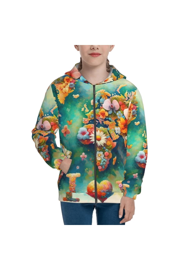 Colorful World Map Teenage Zipper Hoodie, Long Sleeve Zip Up Hoodies Casual Jackets Tops for 7-12 Years-Small