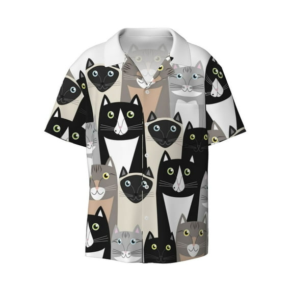 Naloa Colors Cats Men's Loose Fit Cuban Collar Short-Sleeve Shirt with Button-down and Chest Pocket for Everyday Wear Outings - Large